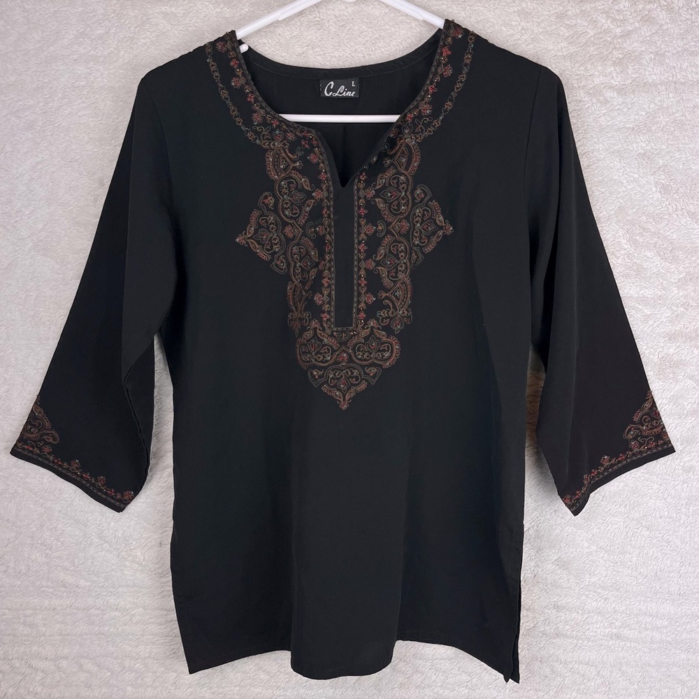 Vintage Boho Embroidered Beaded Sequin Black Tunic Top Large Whimsy Goth